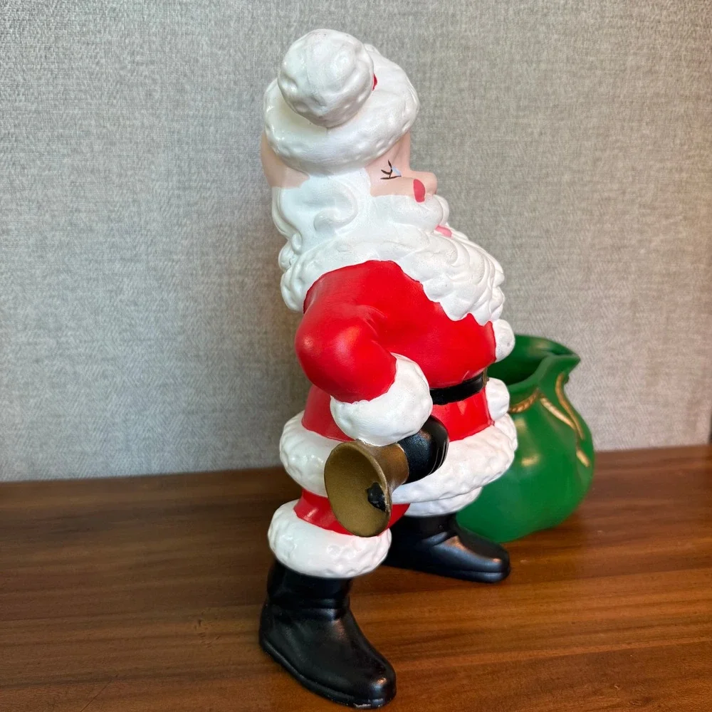 Vintage 1981 Ceramic Musical Santa Claus Figurine‎ Green Toy Bag Planter Dish